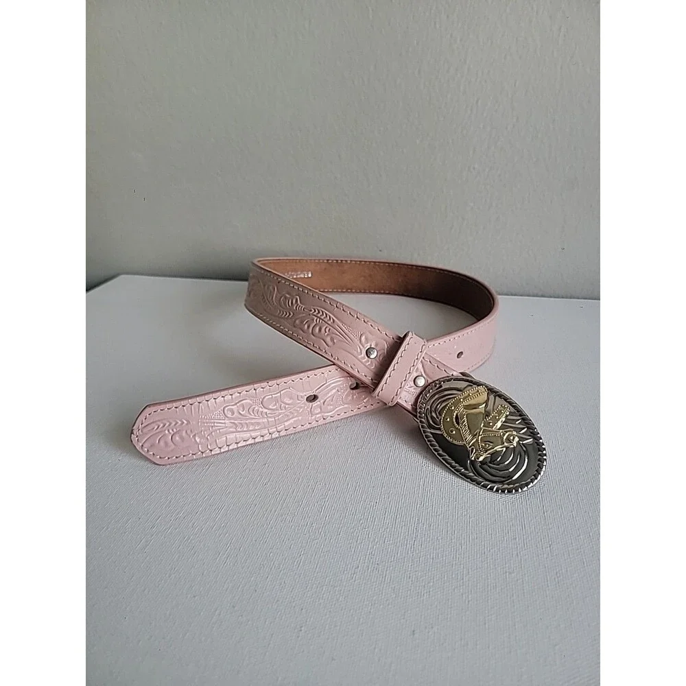 Pink Western-Style Leather Belt with Two-Tone Decorative Buckle